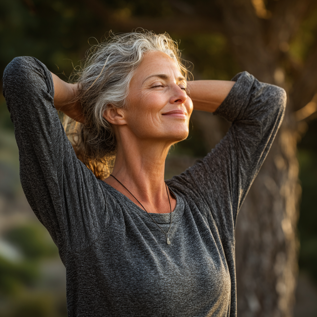 Happy middle-aged woman doing gentle stretching exercises outdoors in a natural park setting with trees in background
