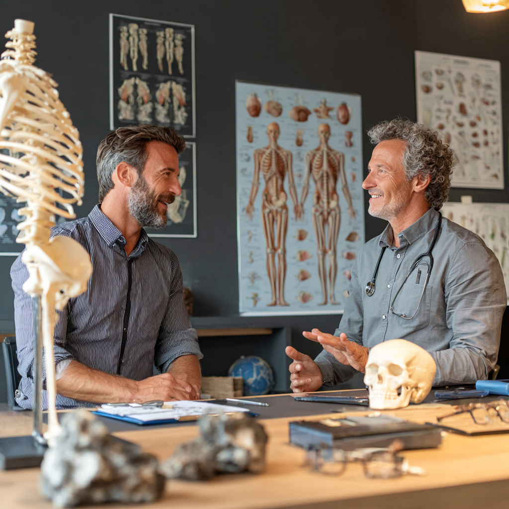Professional physiotherapist explaining anatomy model to middle-aged patient in modern consultation room with educational posters on walls