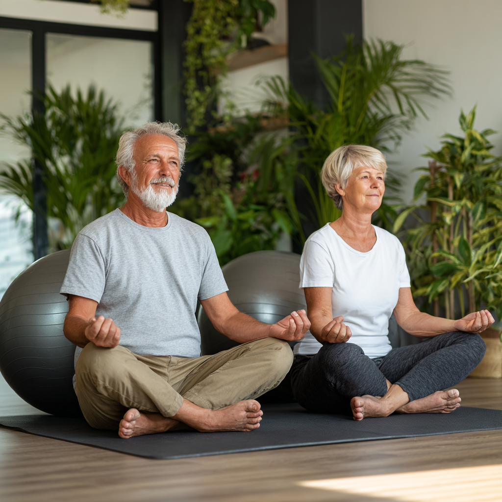 Senior man and woman doing therapeutic exercises together in a bright rehabilitation room with natural lighting and plants